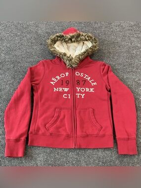 Y2K Aeropostale Hoodie Sweatshirt Womens L Full Zip Faux Fur Pockets Embroidered